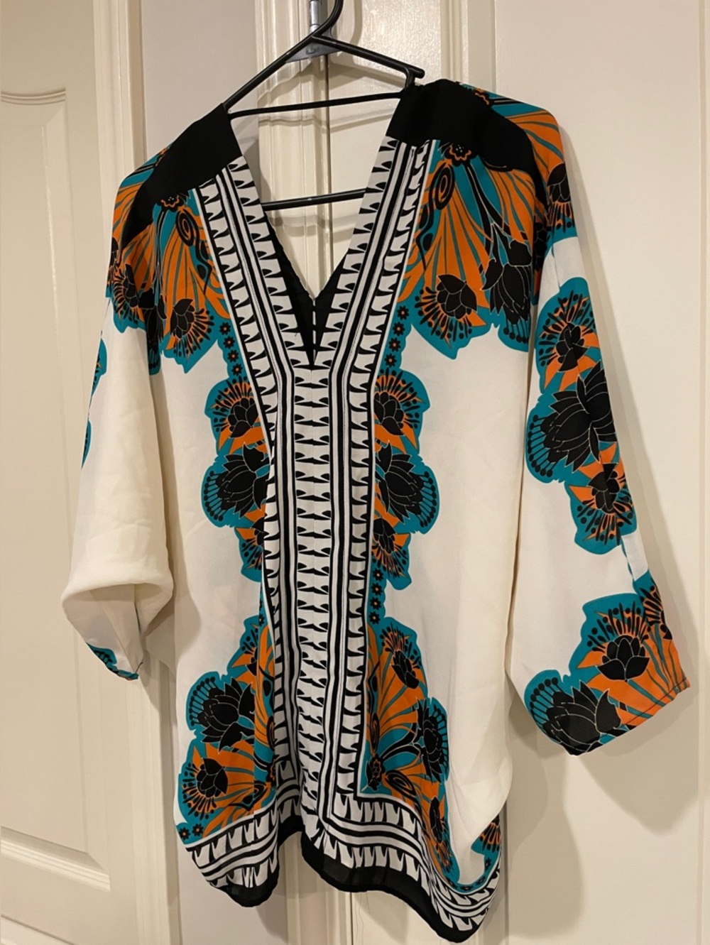 Rose & Olive White Tunic with Teal, Orange & Black Floral Border